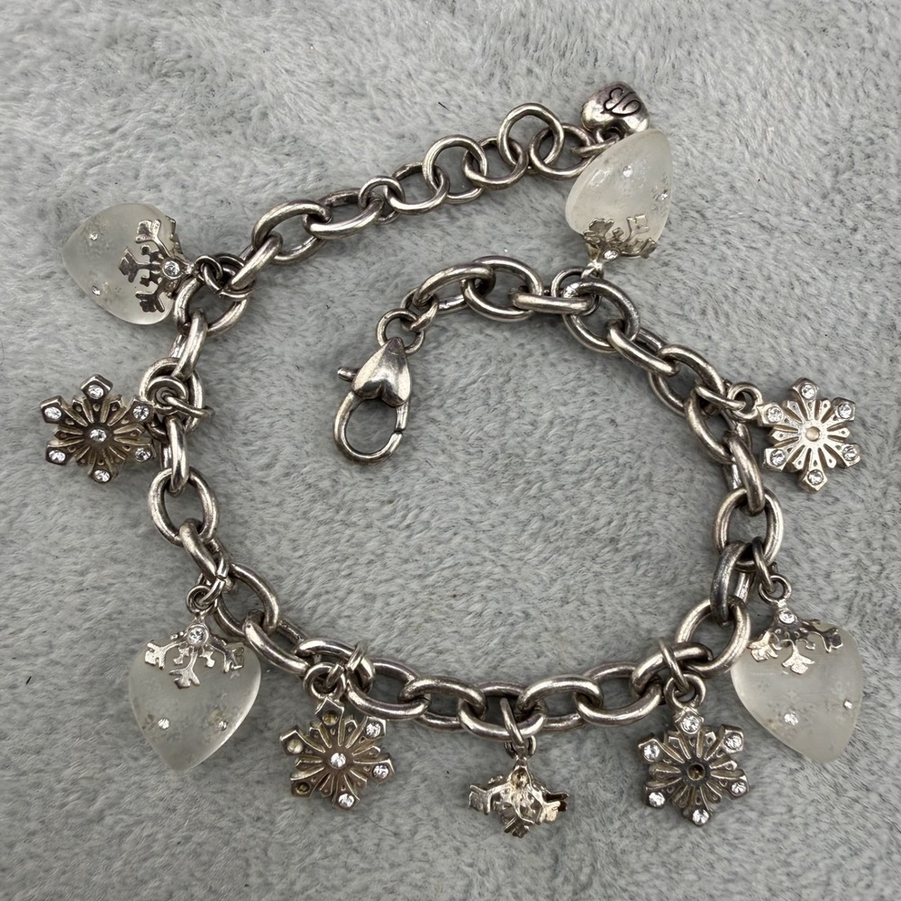 Brighton Charm Bracelet Silver Tone Heart Snowflake Signed 7.5" READ